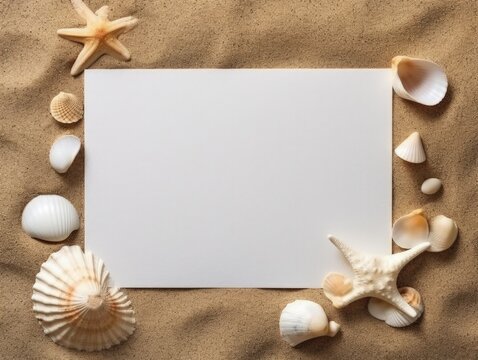 empty mock up paper on sand with shell, star fish, flat lay
