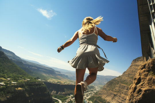 Stunning blonde gymnast balancing on mountain ledge, displaying daring strength against backdrop of deep canyon. Symbolizes audacity and mastery with breathtaking view.