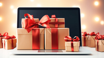 Gift boxes with red satin ribbons on a laptop background. Concept of online shopping, sales season, Black Friday