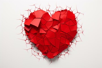 Red heart paper crumpled and isolated on white. Concept of a shattered heart. Generative AI