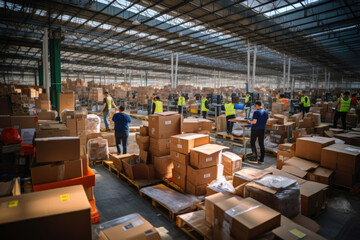 E-Commerce Fulfillment Frenzy: Workers in Action - obrazy, fototapety, plakaty