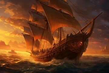 Illustration: Arabian galley sailing during 1001 nights. Generative AI