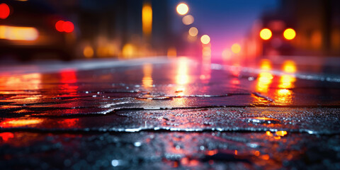 Wet asphalt with neon light. Created with AI tools