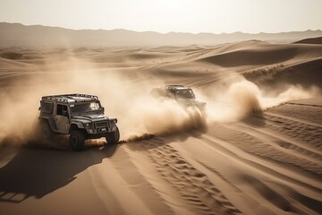 Off-road vehicles racing in desert. Generative AI