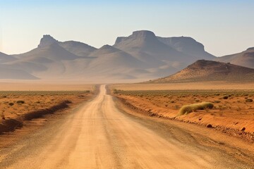 Fototapeta na wymiar African panoramic view of a gravel road in Namibia. Generative AI