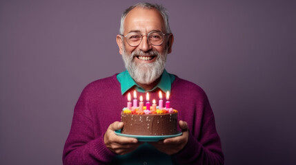 Portrait of happy senior man holding birthday cake with candles on purple background - Powered by Adobe