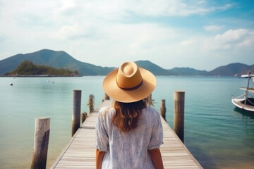 Dreamy Vacation: Lady Admiring Islands from the Pier