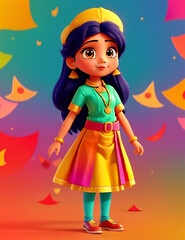 Fototapeta premium Cute indian cartoon child character with national costume of India colorful 3d character