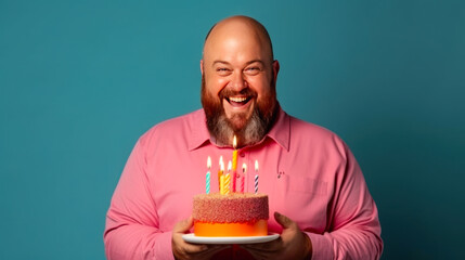 Handsome bearded man with a birthday cake on a blue background