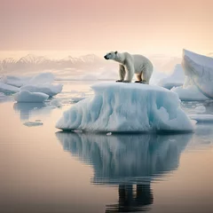 Poster A polar bear sits on an iceberg in the middle of the ocean © Valeriia