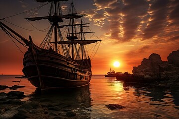 Obraz premium Pirate ship and medieval ship docked together during sunrise. Generative AI