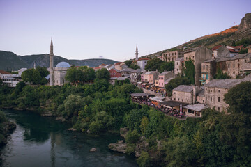 Fototapeta na wymiar View to Mostar old town at sunset, Mostar, Bosnia and Herzegovina