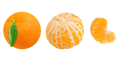 Collection of tangerines isolated on white background. Peeled and whole