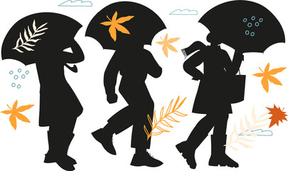 Autumn banner or poster background with silhouettes of people walking in the rain. People with umbrellas black silhouette surrounded with autumn leaves.