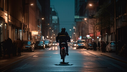 Silhouettes of young adults cycling in the city at dusk generated by AI