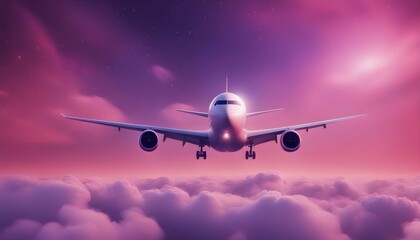 飛行機と幻想的で美しい夕焼け空　青色の空と紫色の雲