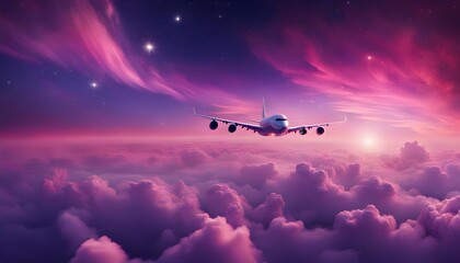 飛行機と幻想的で美しい夕焼け空　青色の空と紫色の雲と星