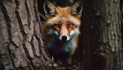 Fototapeta premium Red fox sitting on branch, fur and whiskers in focus generated by AI