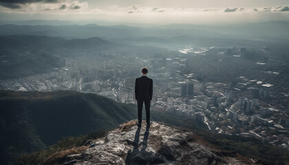 Young businessman conquering adversity, standing on mountain peak, achieving success generated by AI