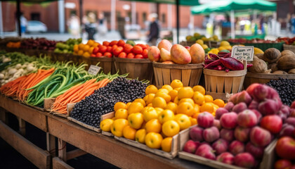 Fototapeta na wymiar Abundance of fresh, organic vegetables and fruits for sale generated by AI
