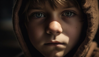 Young adults in nature, wet and dark, smiling through grief generated by AI