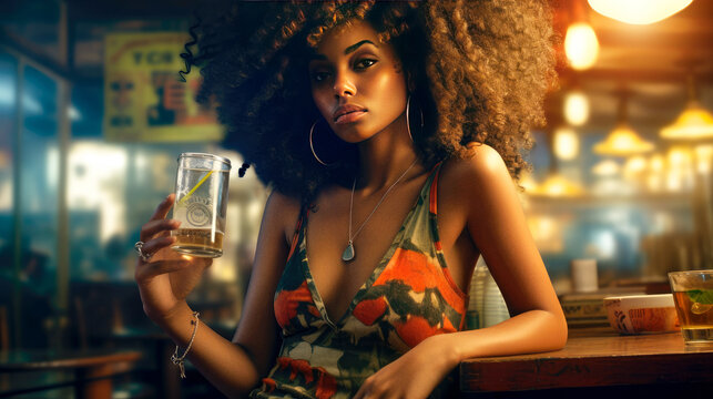 retrato bella mujer negra afro en un bar con un vaso en la mano
