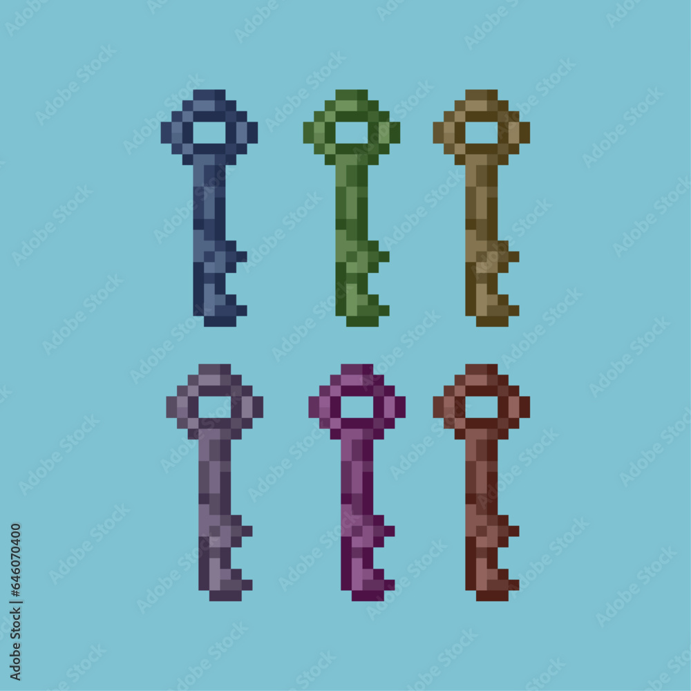 Fototapete pixel art sets of key for dugeon item with variation color items asset. simple pixel keys on pixelat