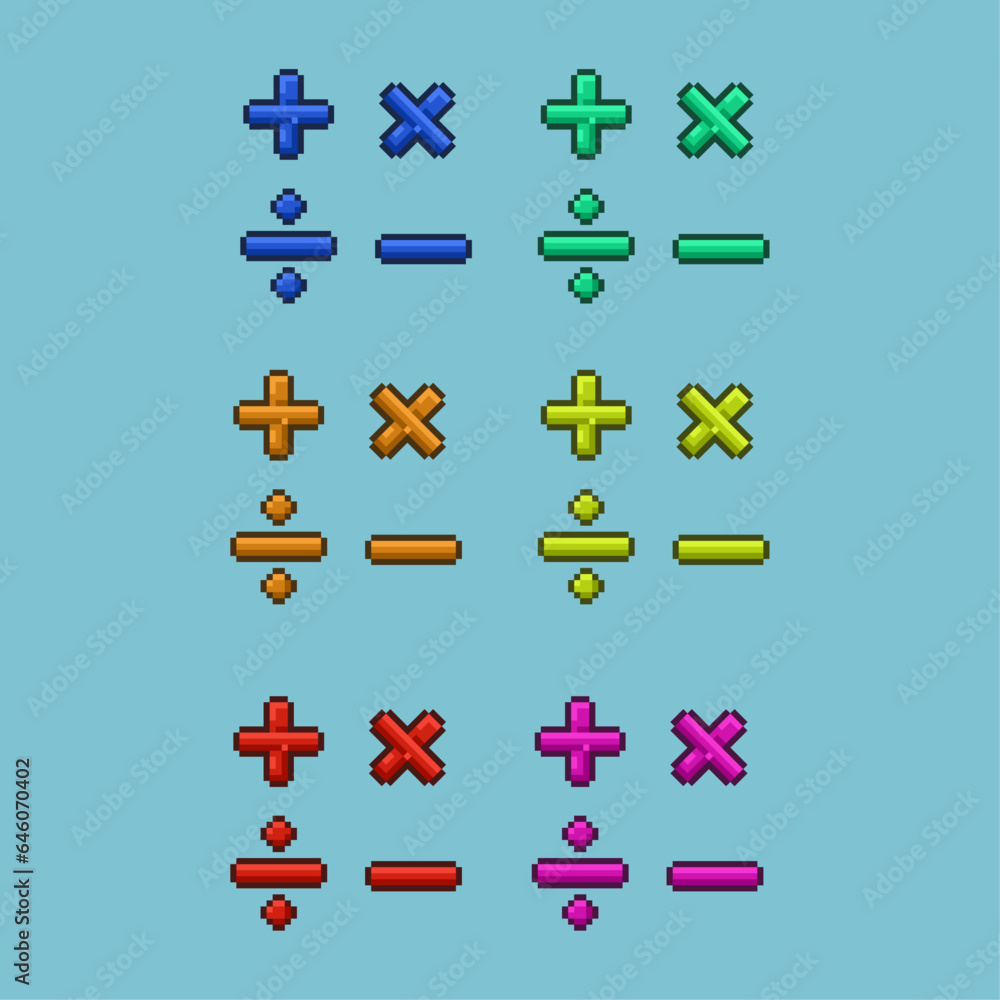 Poster pixel art sets of number calculation with variation color items asset. pixel calculation on pixelate