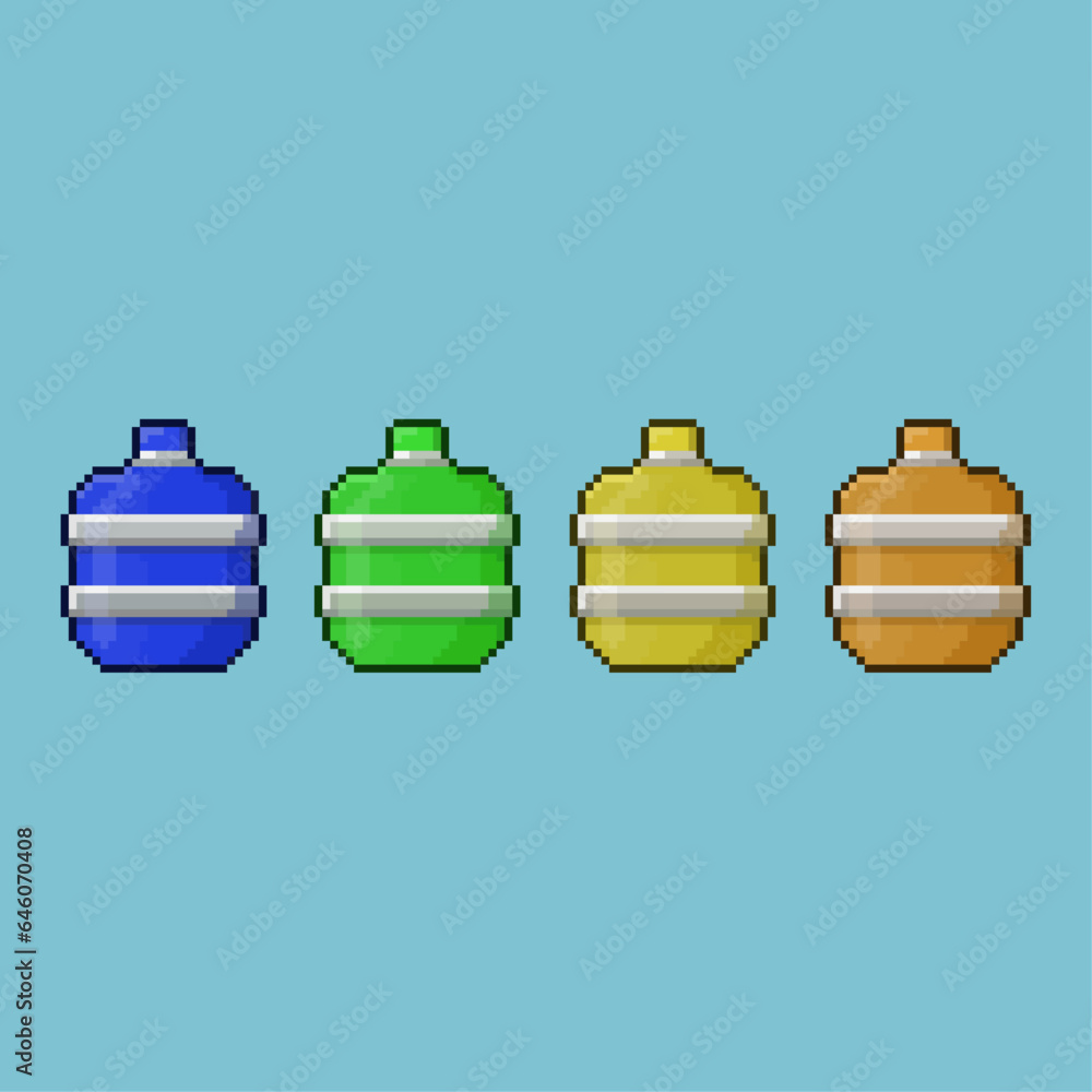 Poster pixel art sets of water galloon with variation color items asset. simple pixel gallon water on pixel