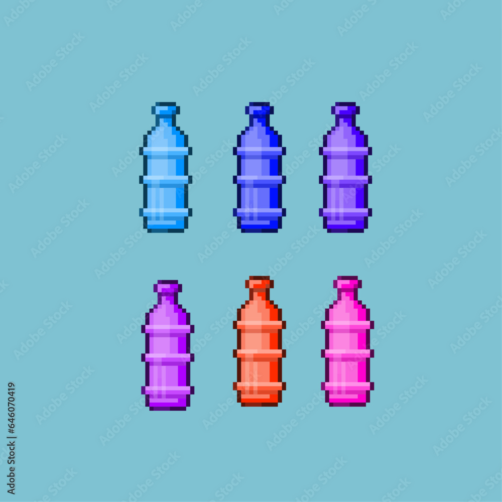 Poster pixel art sets of water drink tank with variation color items asset. pixel drink bottle on pixelated