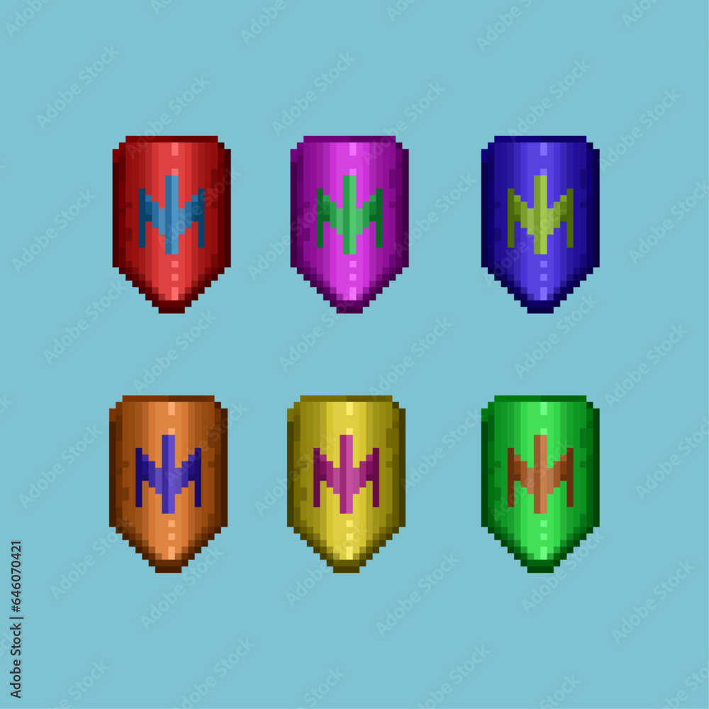 Poster pixel art sets of shield with variation color items asset. simple shield for dugeon items loot on pi