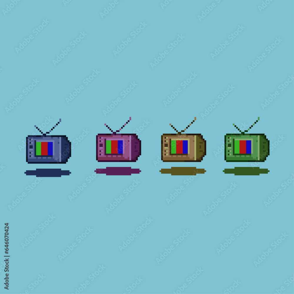 Poster isometric pixel art sets of television with variation color items asset. pixel television technology