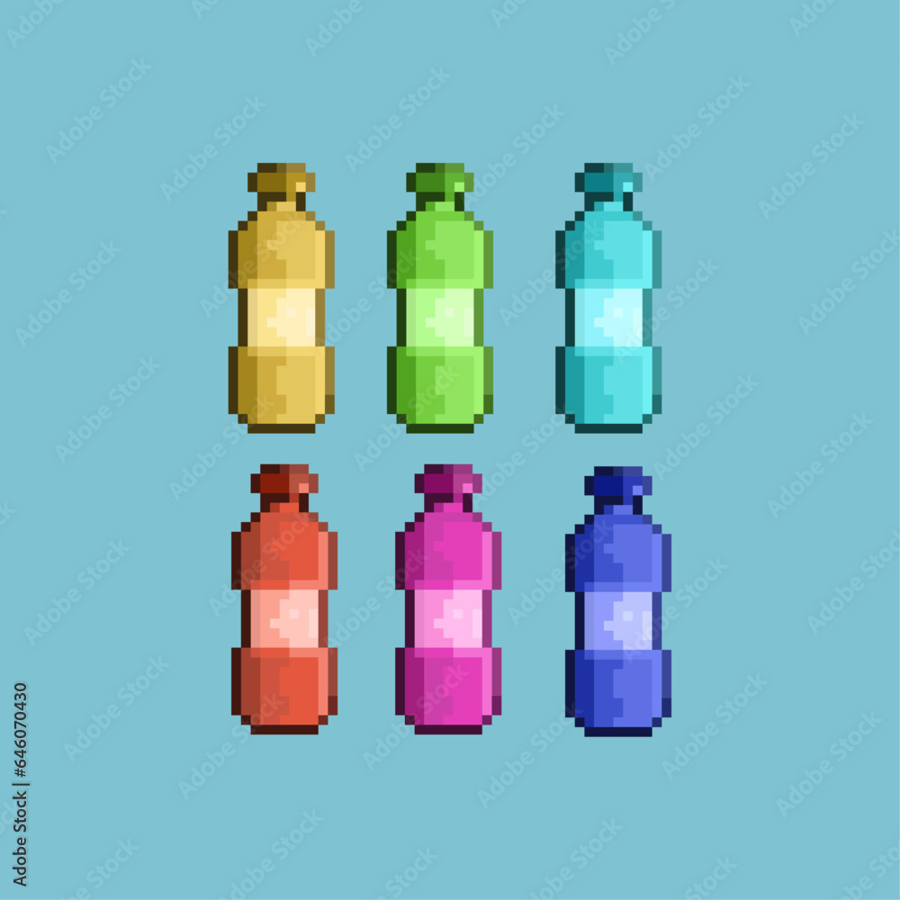 Poster pixel art sets of water drink tank with variation color items asset. pixel drink bottle on pixelated