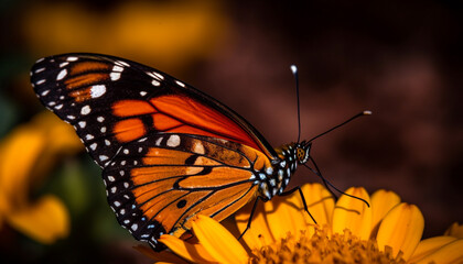 Vibrant monarch butterfly perching on yellow flower in tranquil scene generated by AI