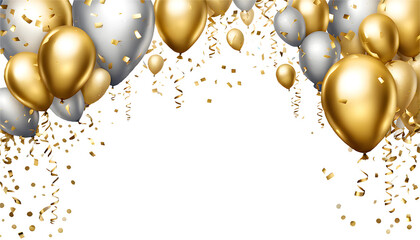 金色と銀色の風船と紙吹雪(背景透過)アルファチャンネル付png　誕生日、お祝いなど