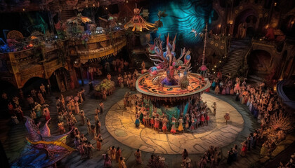 Colorful night celebration of indigenous cultures with traditional decorations and praying generated by AI