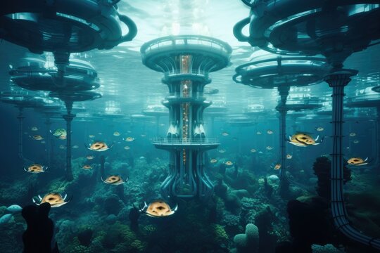 Futuristic power plant of the future in the ocean, water energy