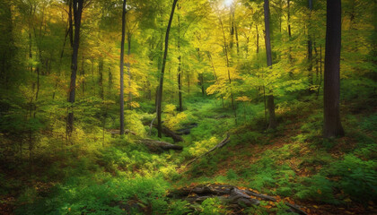 Tranquil autumn forest, vibrant colors, hiking adventure, wilderness mystery generated by AI