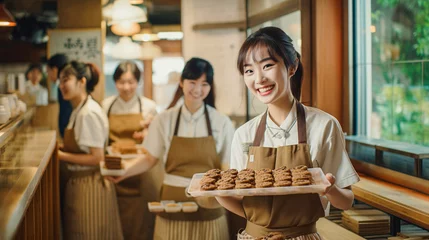 Gordijnen Asian woman baker hold a tray of bread happy smiling in bakery shop © YasumiHouse