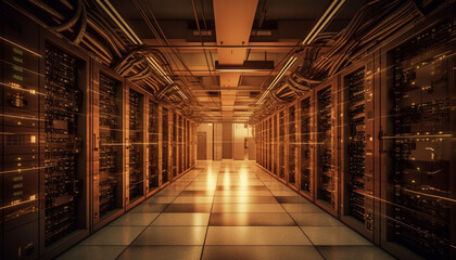 Futuristic computer network in a row inside modern storage room generated by AI