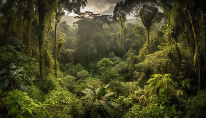 Tropical rainforest beauty in nature green trees, ferns, and mountains generated by AI