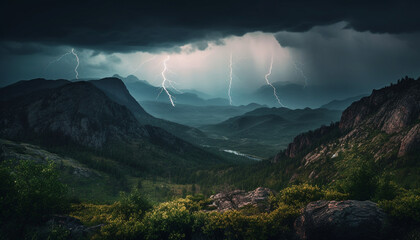 Majestic mountain range, dark forest, wet grass, panoramic landscape generated by AI