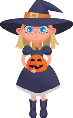 halloween witch with pumpkin. Cute cartoon-style witch in a dress