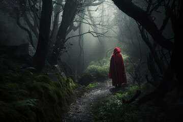 A haunting depiction of Little Red Riding Hood in a mysterious forest, great for evoking suspense or drama. Generative AI - obrazy, fototapety, plakaty