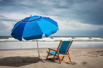 Blue beach chair with umbrella and beach ball. Generative AI