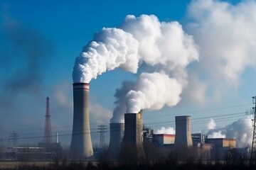 Fototapeta na wymiar Coal power plant emits black smoke, polluting atmosphere while producing electrical energy. Generative AI