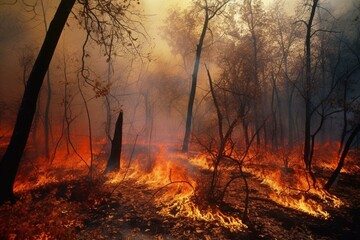 Wildfire engulfs dense woodland with blazing flames. Generative AI