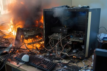Fire scene unfolds as a personal computer, overwhelmed by intensive work