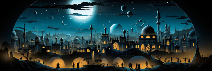 Enchanting 2D depiction of a Moroccan medina at night, showcasing serene geometric archways over tranquil cobblestone paths under the soft glow of lanterns.