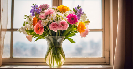 Bouquet of colorful spring flowers in a glass vase on the windowsill